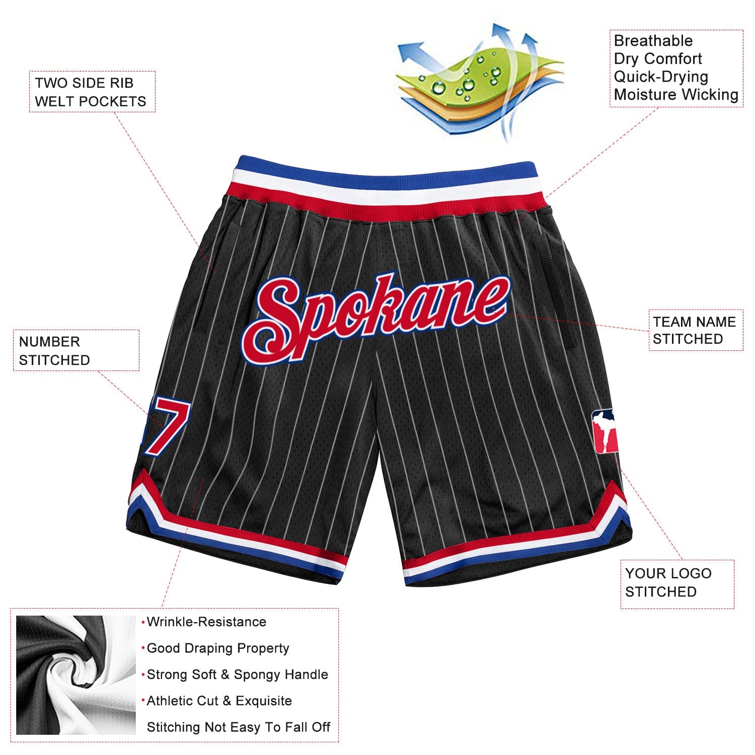 Custom Black White Pinstripe Red-Royal Authentic Basketball Shorts view 2