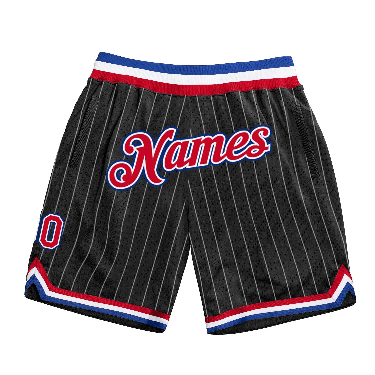 Custom Black White Pinstripe Red-Royal Authentic Basketball Shorts - Main View