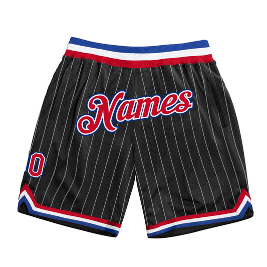 Custom Black White Pinstripe Red-Royal Authentic Basketball Shorts - Main View