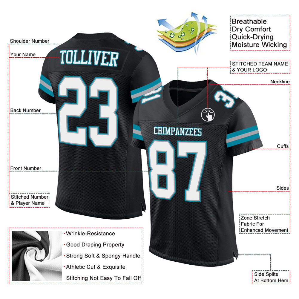 Custom Black White-Teal Mesh Authentic Football Jersey view 2