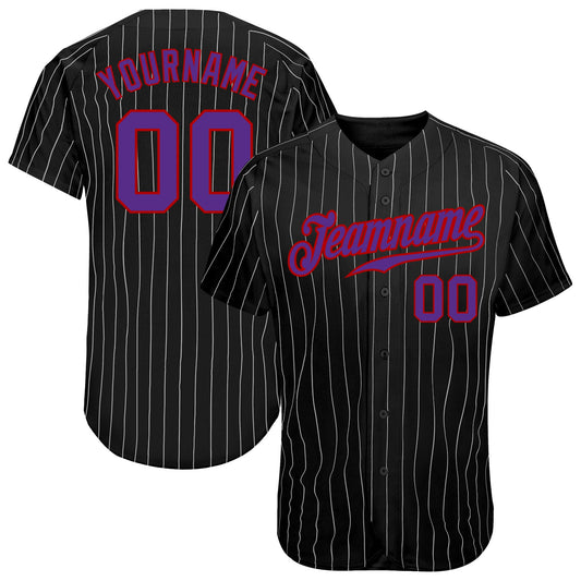 Custom Black Gray Pinstripe Purple-Red Authentic Baseball Jersey - Main View