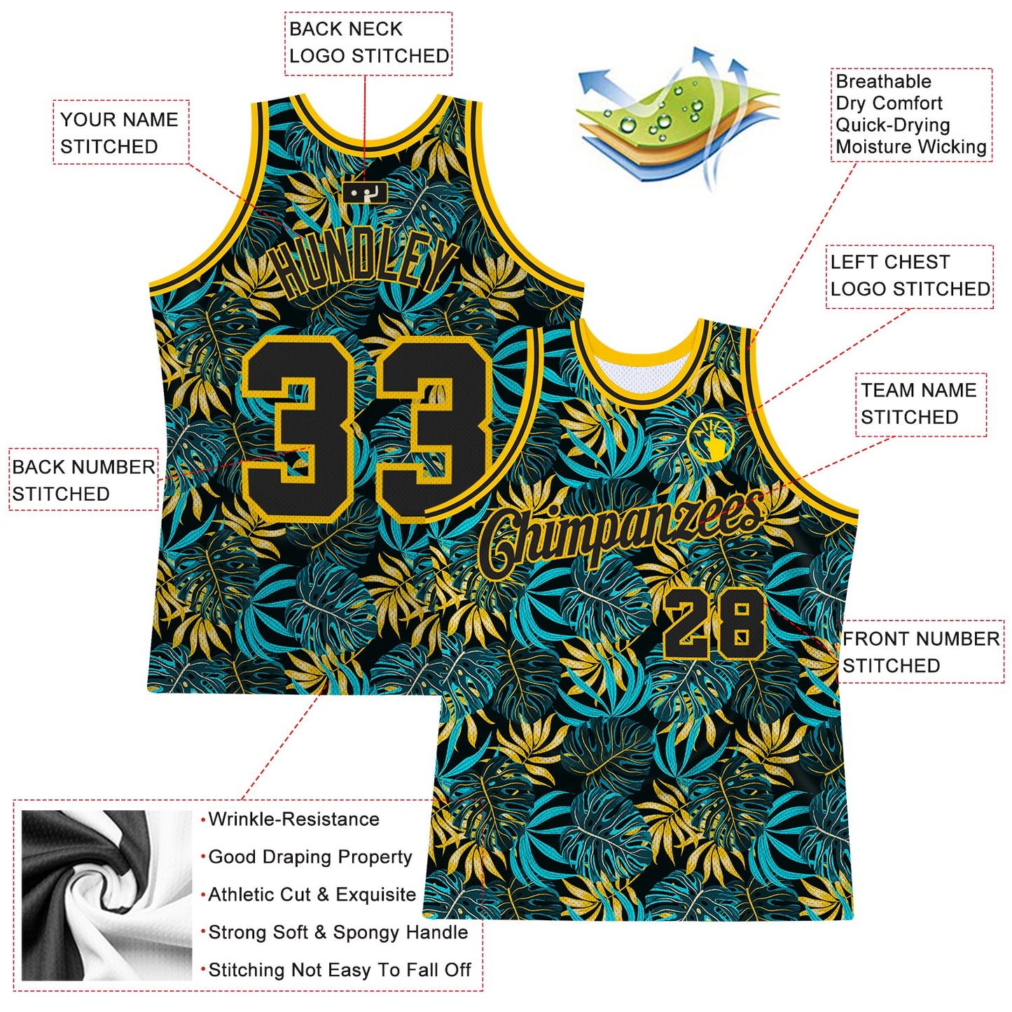 Custom Black Black-Gold 3D Pattern Tropical Hawaii Plants Authentic Basketball Jersey view 3