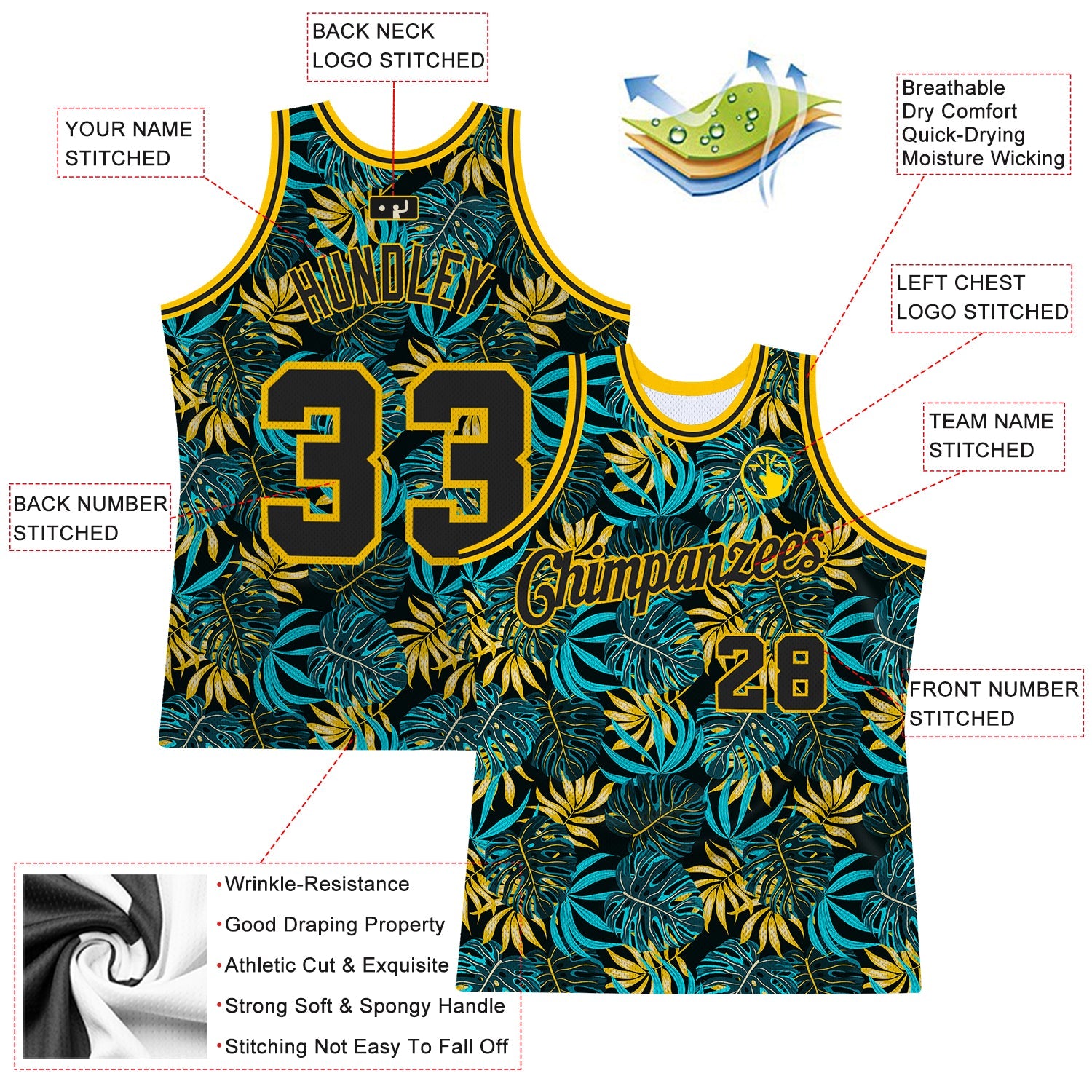 Custom Black Black-Gold 3D Pattern Tropical Hawaii Plants Authentic Basketball Jersey view 3