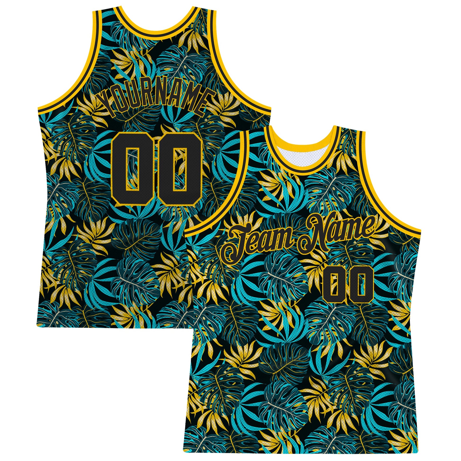 Custom Black Black-Gold 3D Pattern Tropical Hawaii Plants Authentic Basketball Jersey - Main View