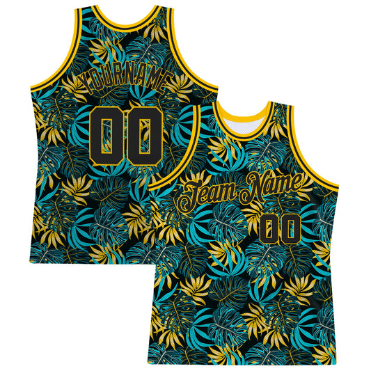 Custom Black Black-Gold 3D Pattern Tropical Hawaii Plants Authentic Basketball Jersey - Main View