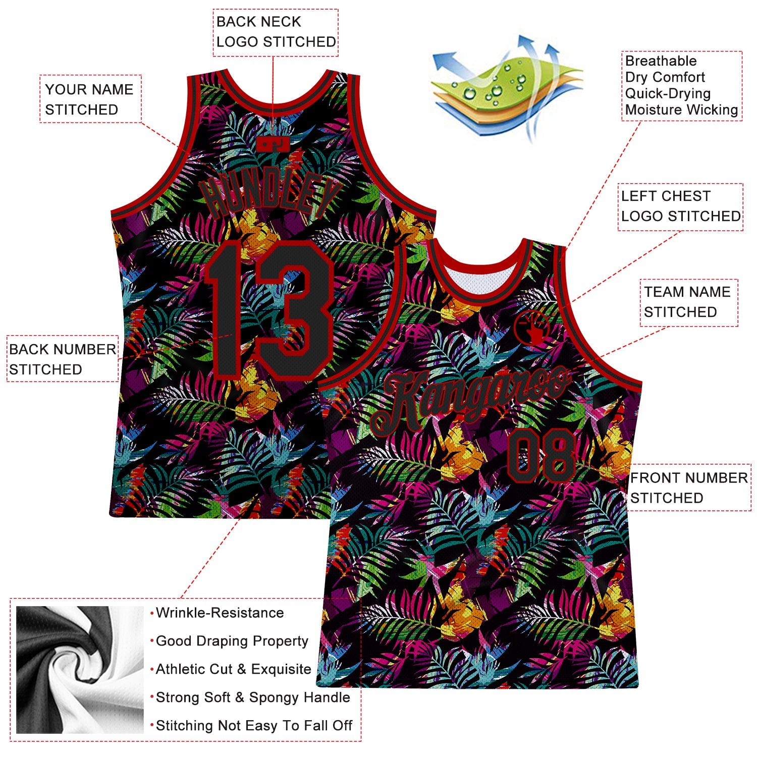 Custom Black Black-Red 3D Pattern Tropical Hawaii Palm Leaves Authentic Basketball Jersey view 2