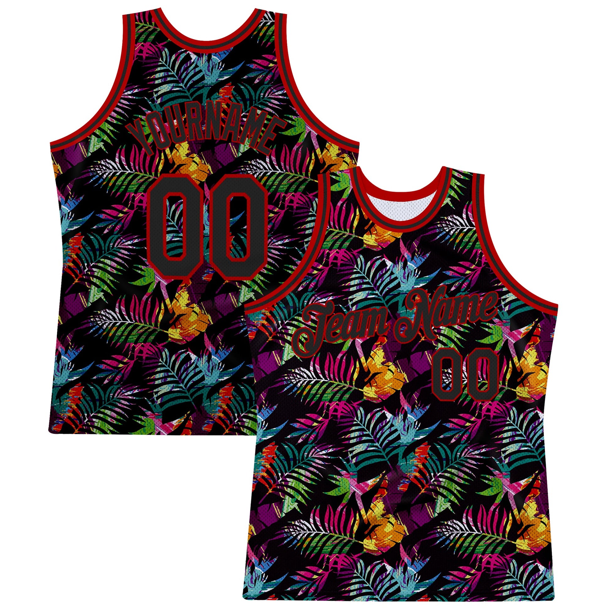 Custom Black Black-Red 3D Pattern Tropical Hawaii Palm Leaves Authentic Basketball Jersey - Main View