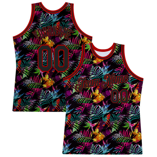 Custom Black Black-Red 3D Pattern Tropical Hawaii Palm Leaves Authentic Basketball Jersey - Main View