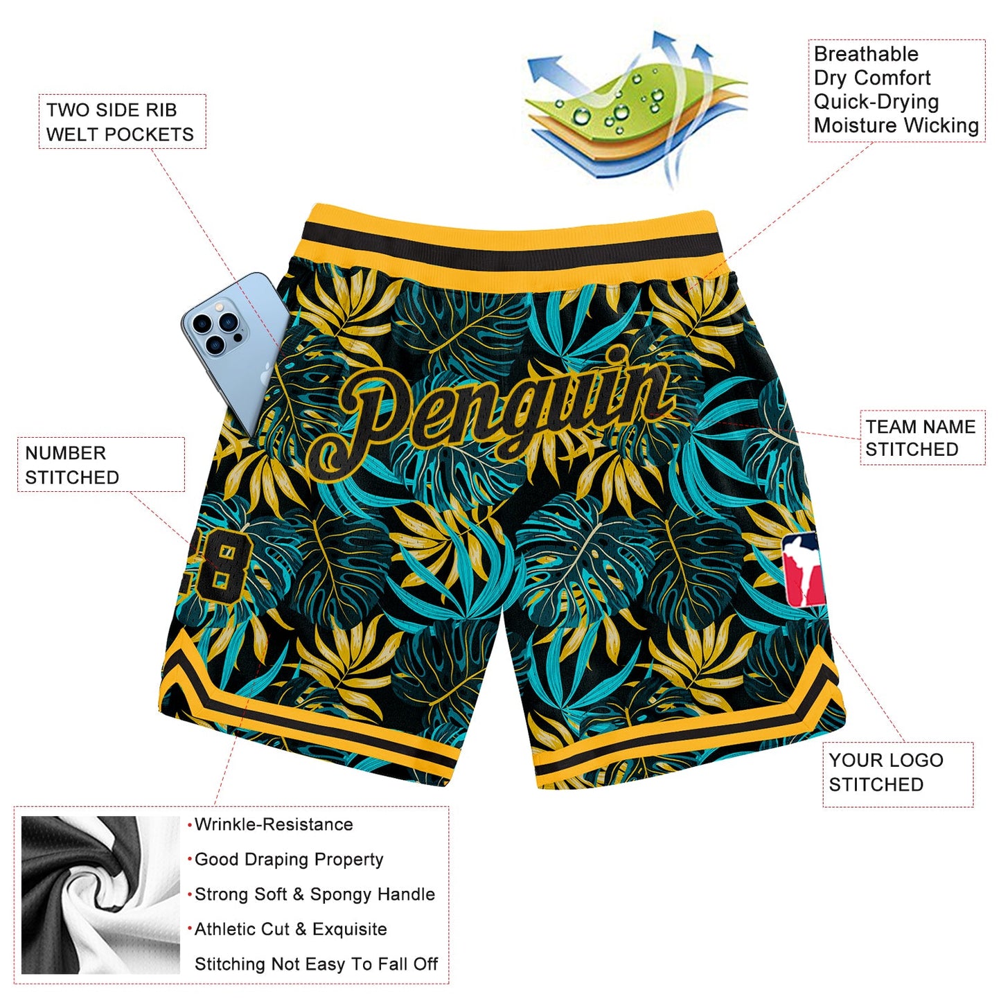 Custom Black Black-Gold 3D Pattern Design Tropical Palm Leaves Authentic Basketball Shorts view 2