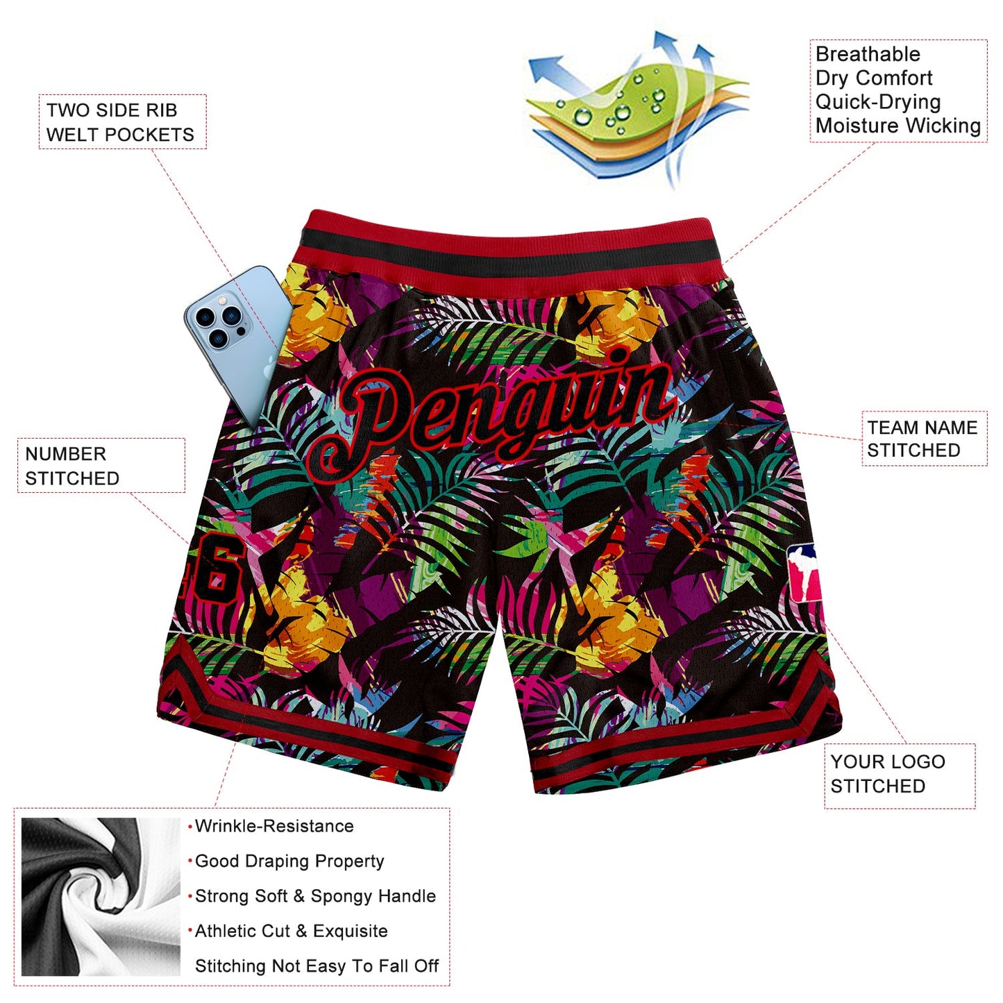 Custom Black Black-Red 3D Pattern Design Tropical Palm Leaves Authentic Basketball Shorts view 2