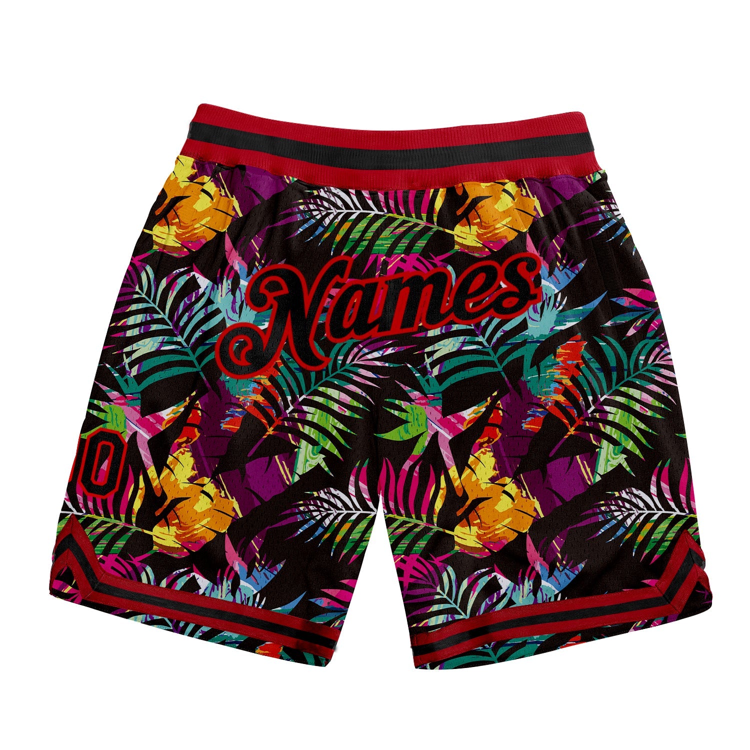 Custom Black Black-Red 3D Pattern Design Tropical Palm Leaves Authentic Basketball Shorts - Main View