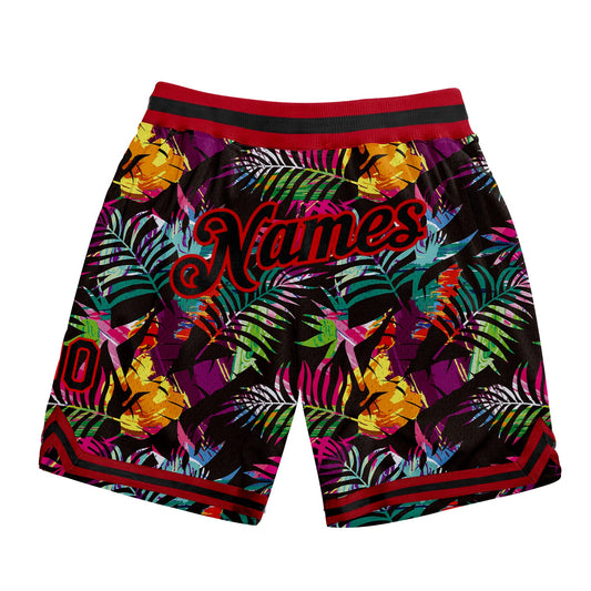 Custom Black Black-Red 3D Pattern Design Tropical Palm Leaves Authentic Basketball Shorts - Main View