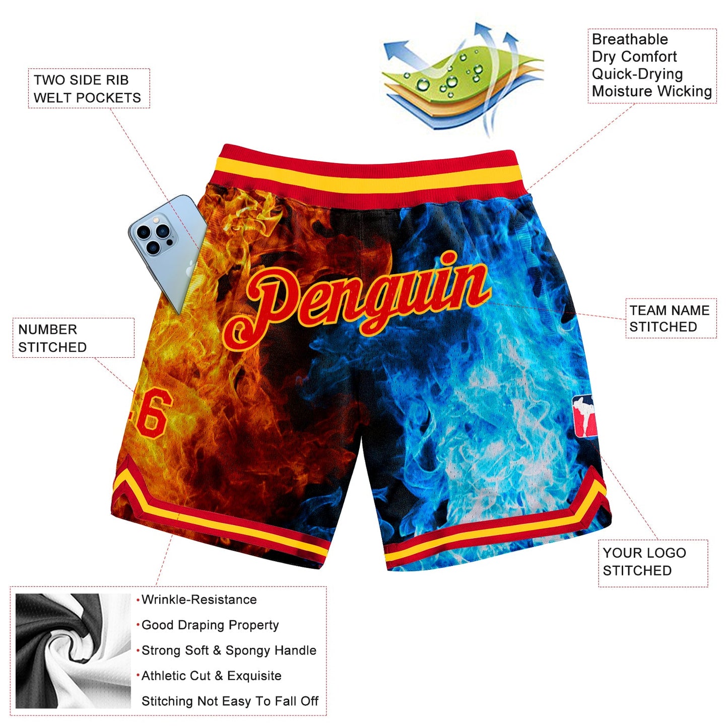 Custom Black Red-Gold 3D Pattern Design Flame Authentic Basketball Shorts view 2