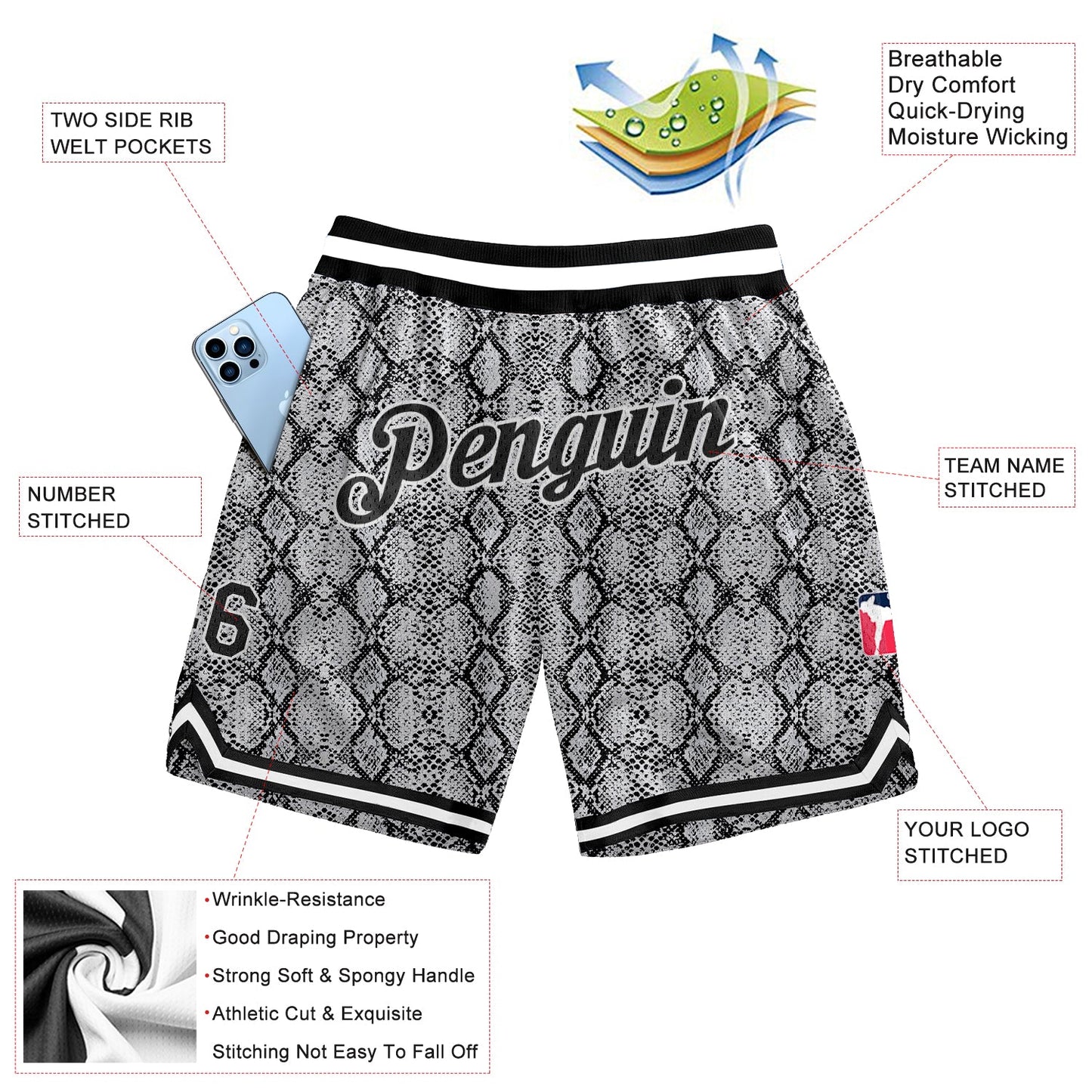 Custom Black Black-White 3D Pattern Design Snakeskin Authentic Basketball Shorts view 2