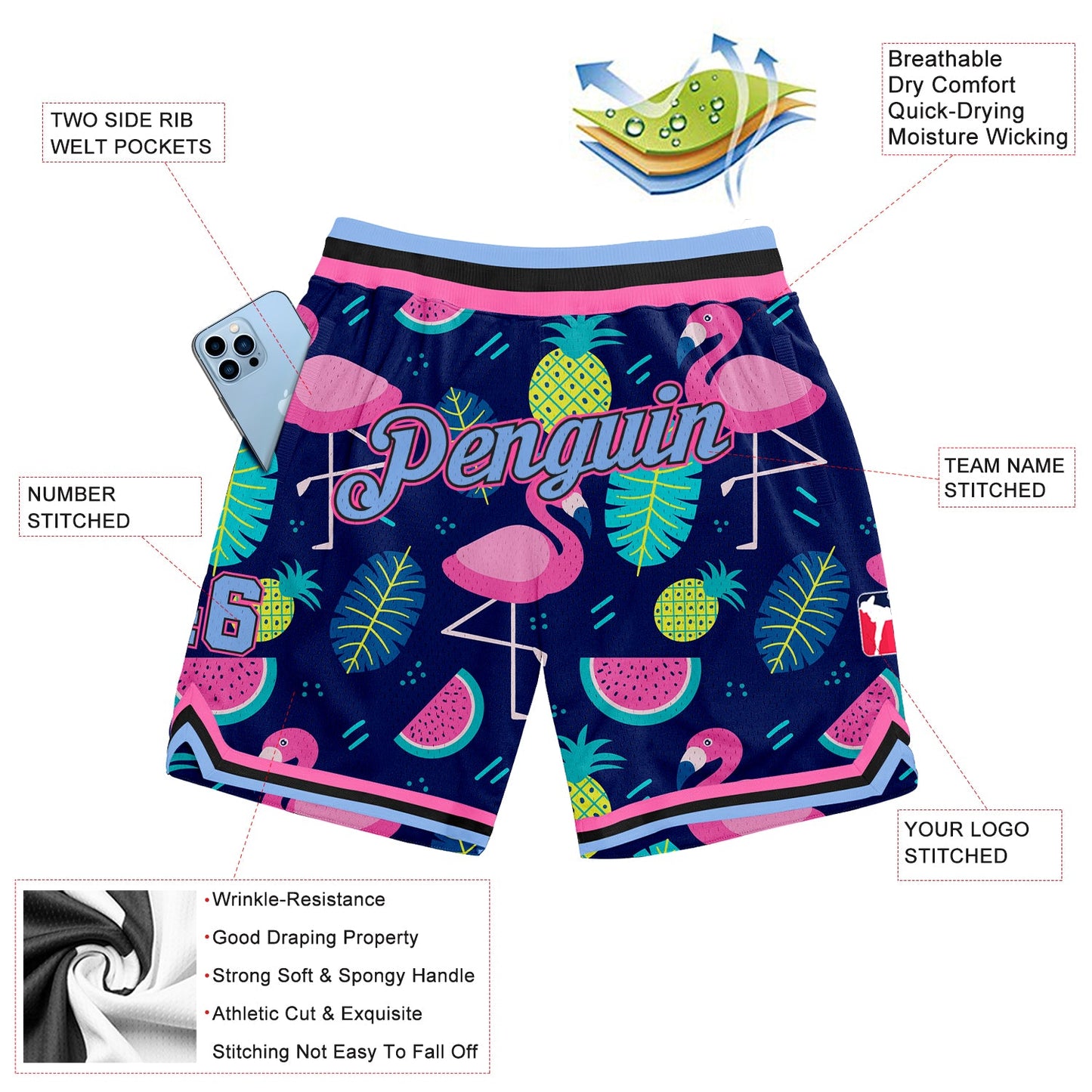 Custom Black Light Blue-Pink 3D Pattern Design Hawaii Flamingo Authentic Basketball Shorts view 2