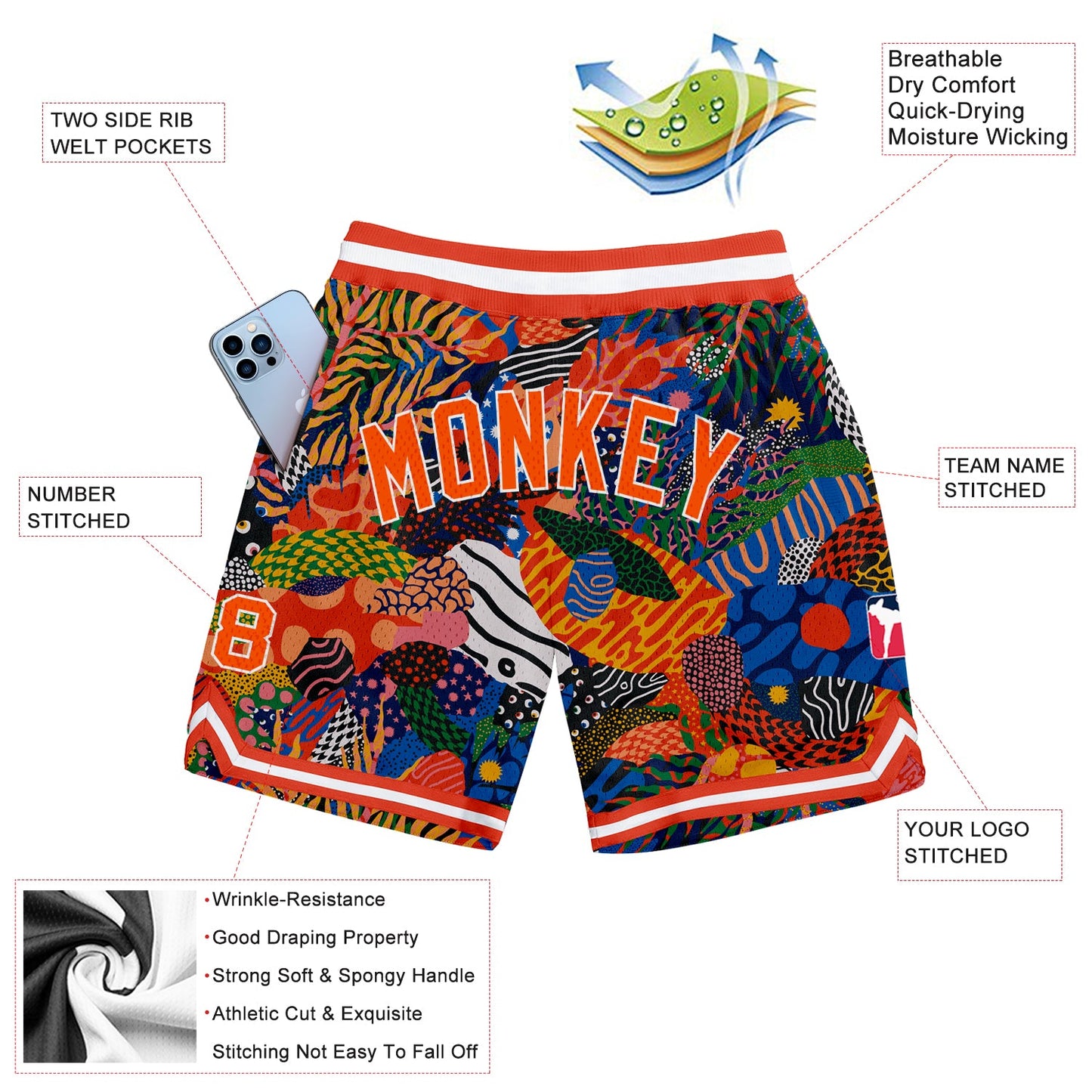 Custom Black Orange-White 3D Pattern Design Hawaii Bush Authentic Basketball Shorts view 2