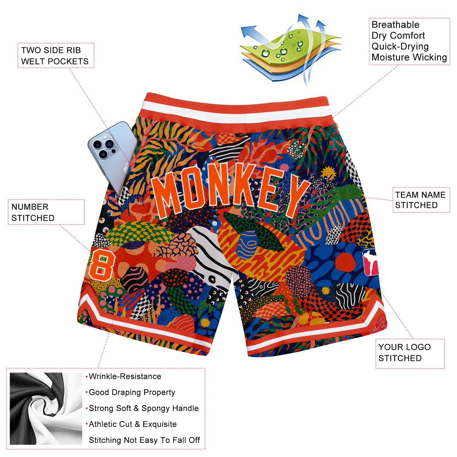 Custom Black Orange-White 3D Pattern Design Hawaii Bush Authentic Basketball Shorts view 2