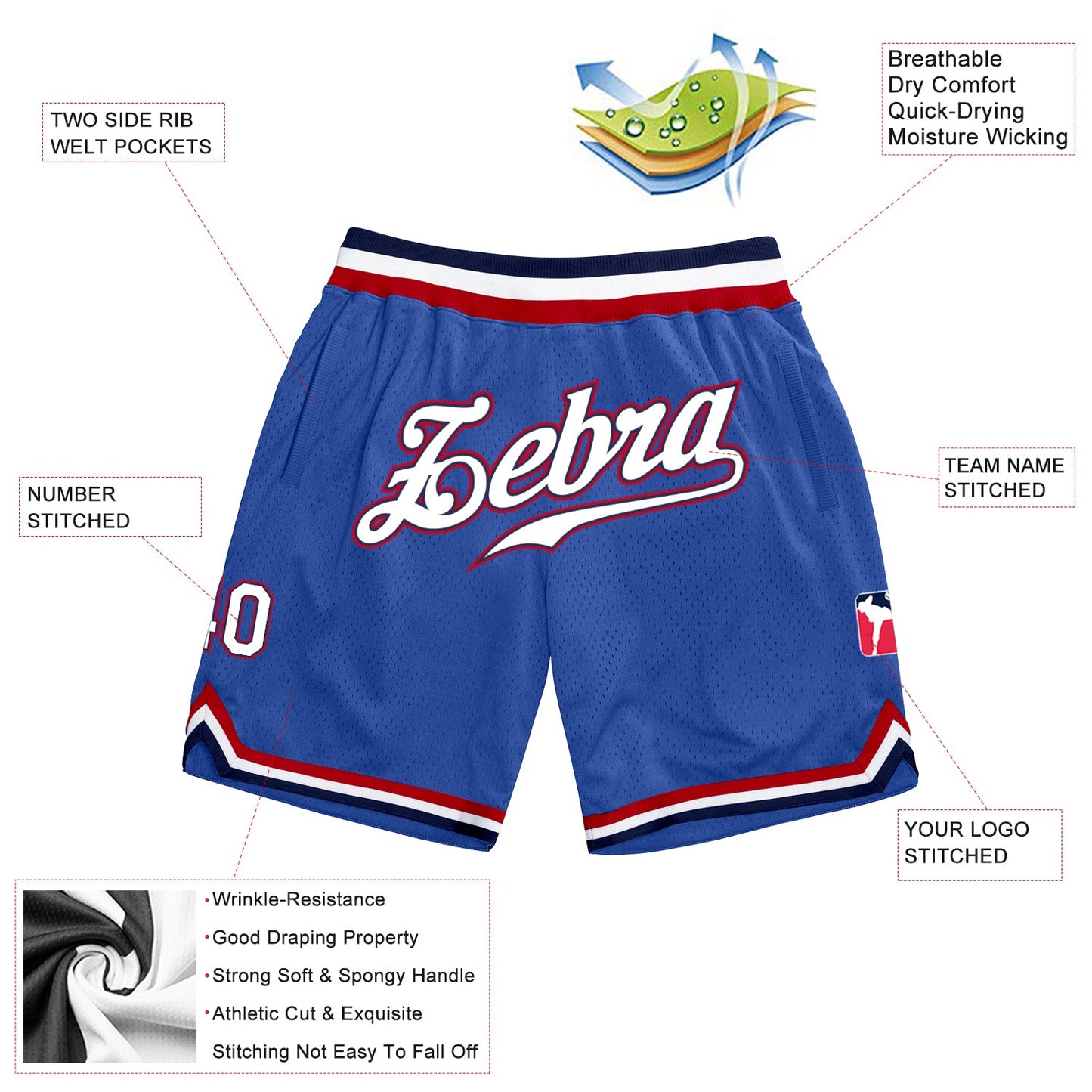 Custom Blue White-Red Authentic Throwback Basketball Shorts view 2
