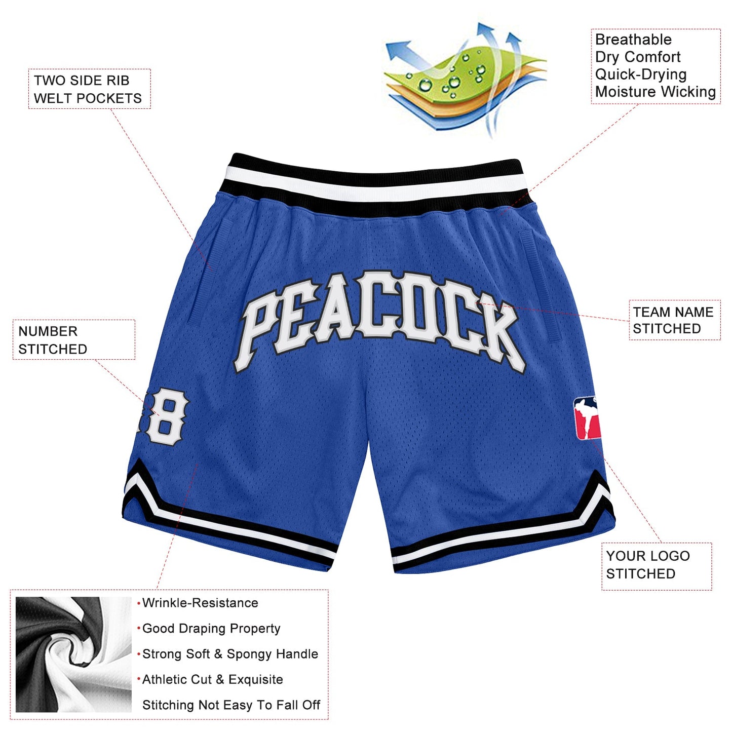 Custom Blue White-Black Authentic Throwback Basketball Shorts view 2