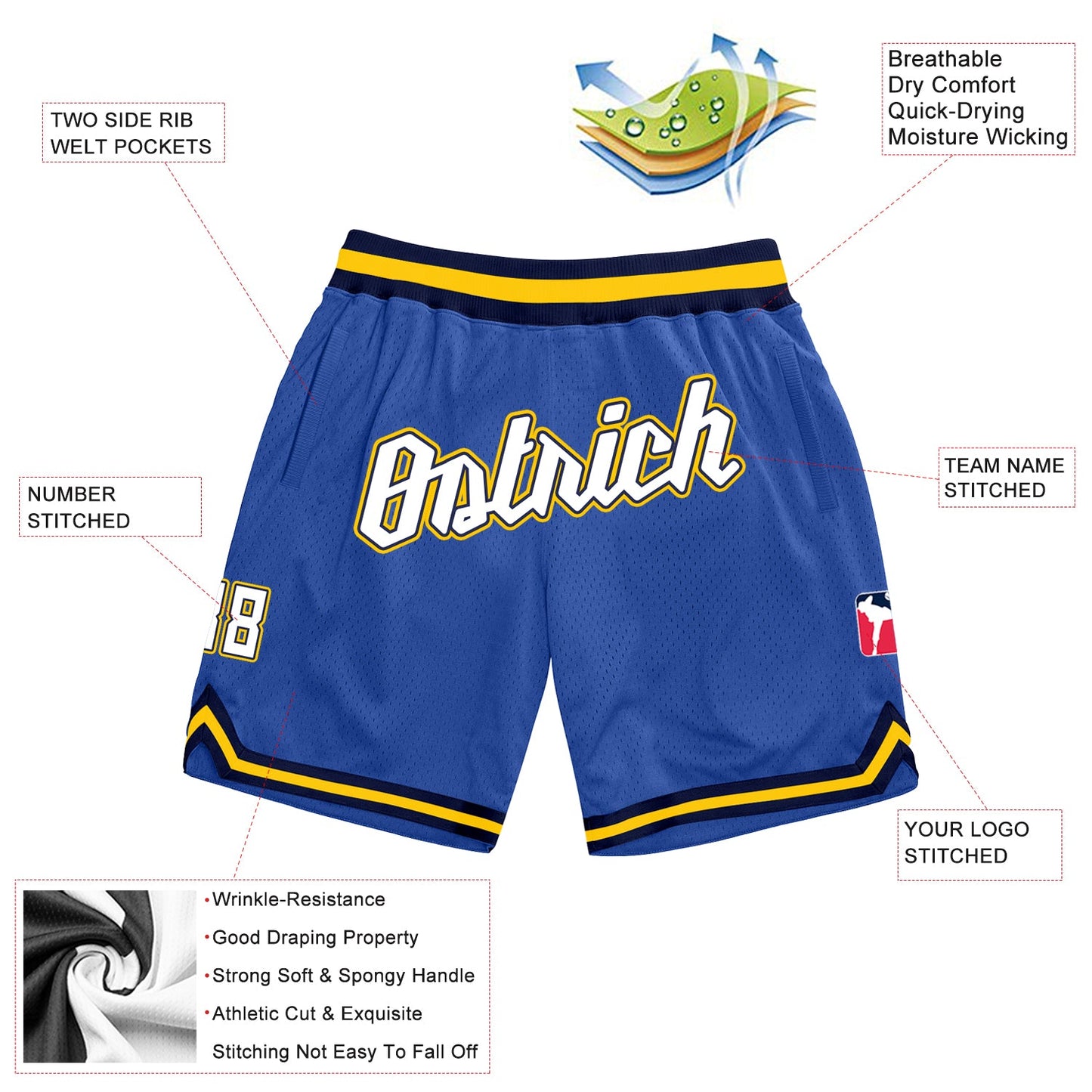 Custom Blue White-Gold Authentic Throwback Basketball Shorts view 2
