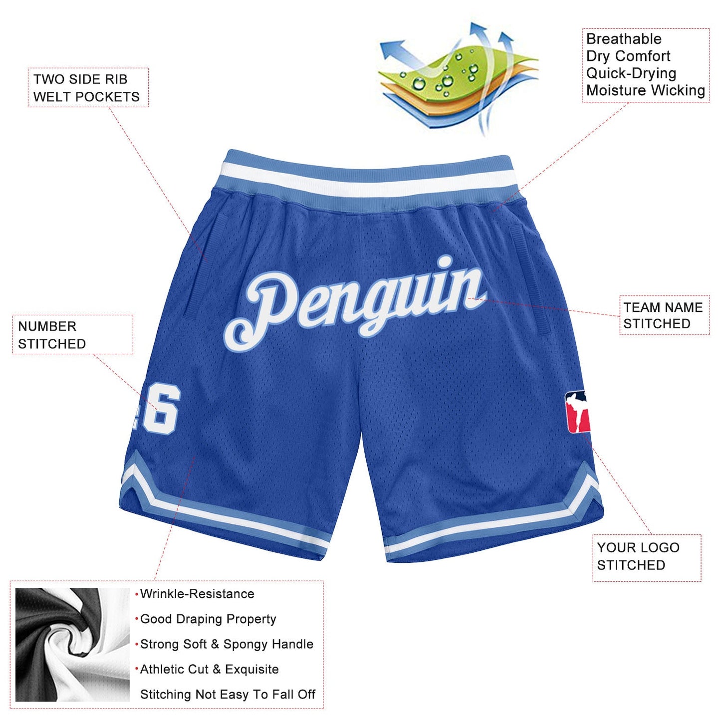 Custom Blue White-Light Blue Authentic Throwback Basketball Shorts view 2