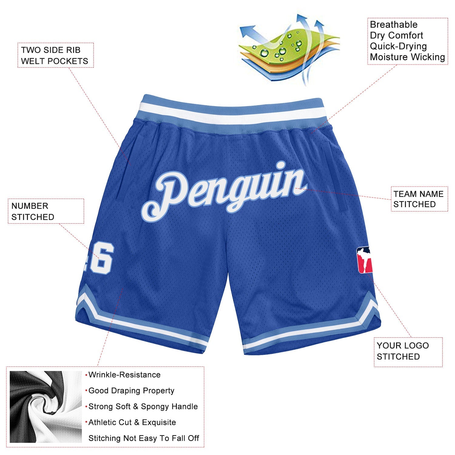 Custom Blue White-Light Blue Authentic Throwback Basketball Shorts view 2