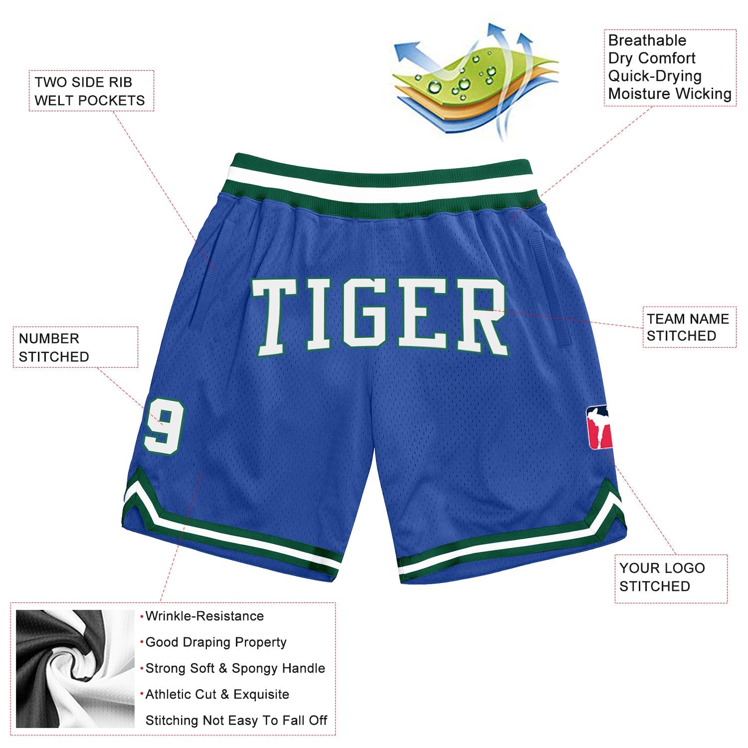 Custom Blue White-Kelly Green Authentic Throwback Basketball Shorts view 2