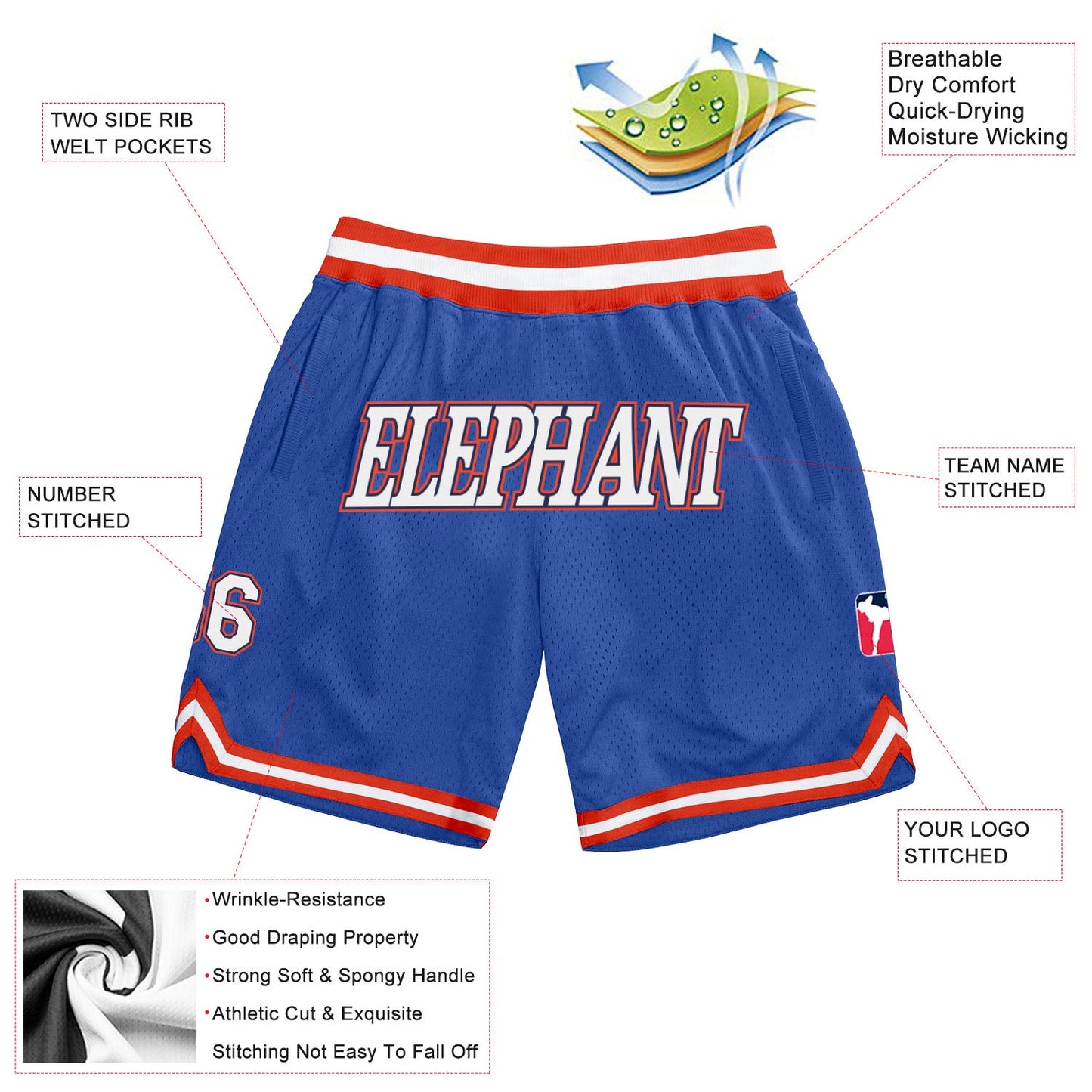 Custom Blue White-Orange Authentic Throwback Basketball Shorts view 2