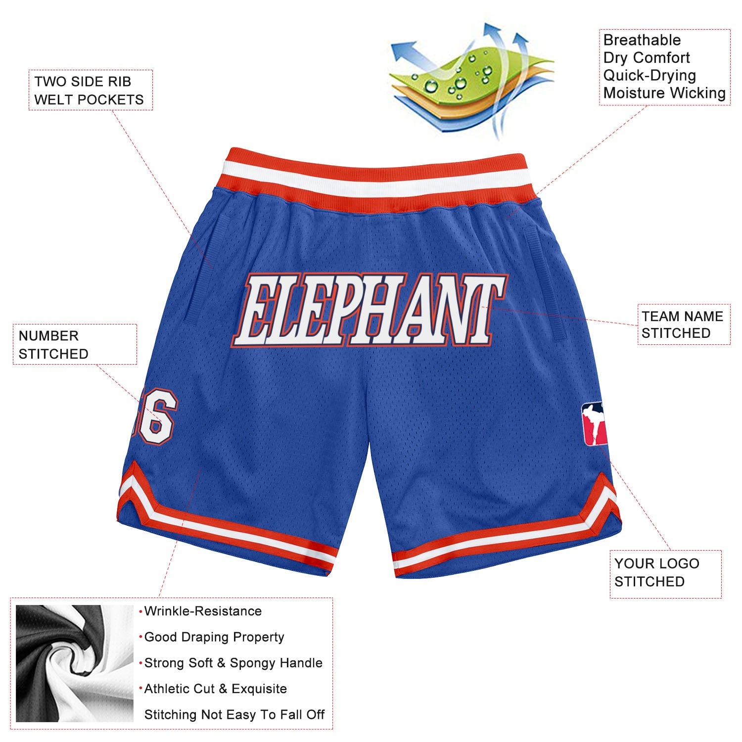 Custom Blue White-Orange Authentic Throwback Basketball Shorts view 2