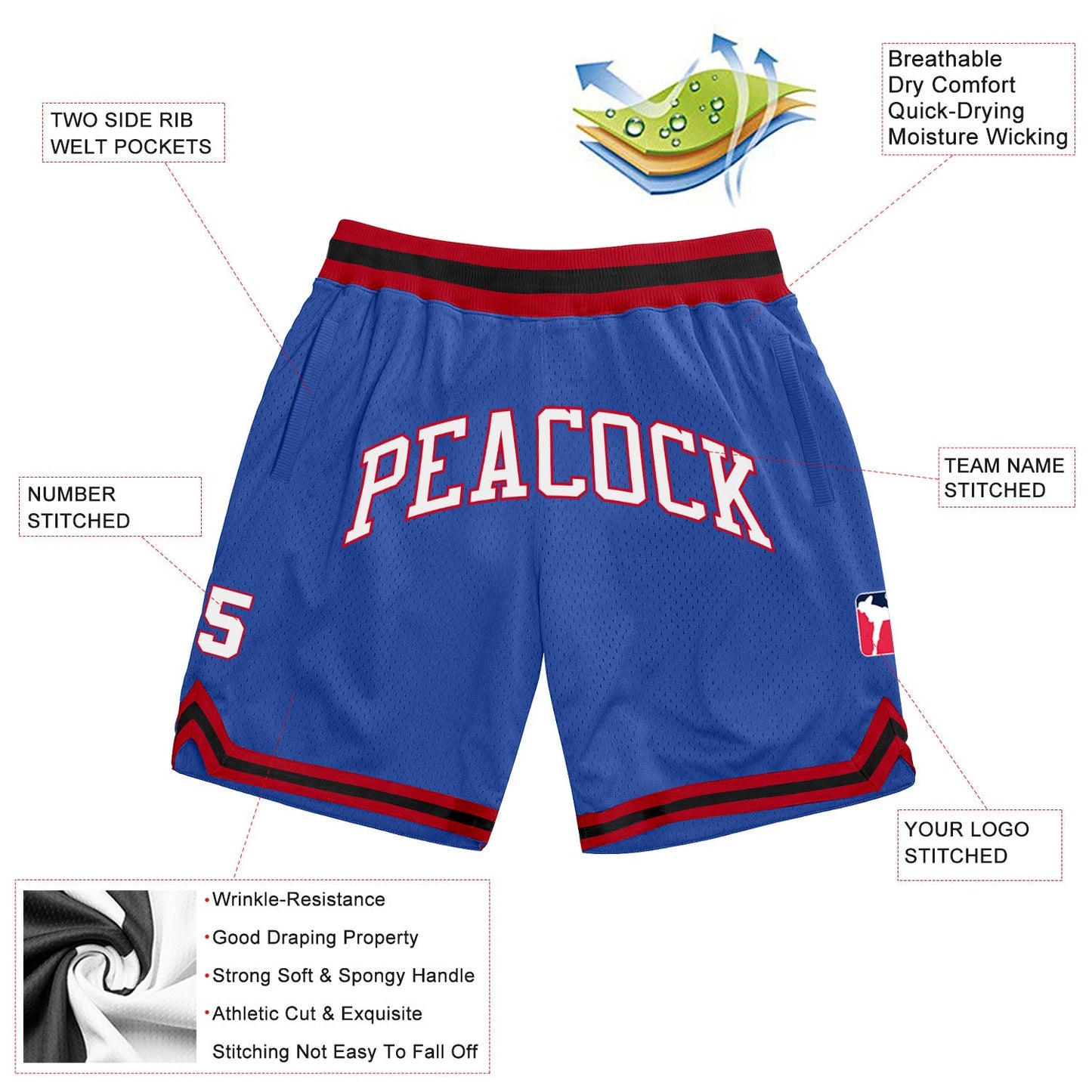 Custom Blue White-Red Authentic Throwback Basketball Shorts view 2