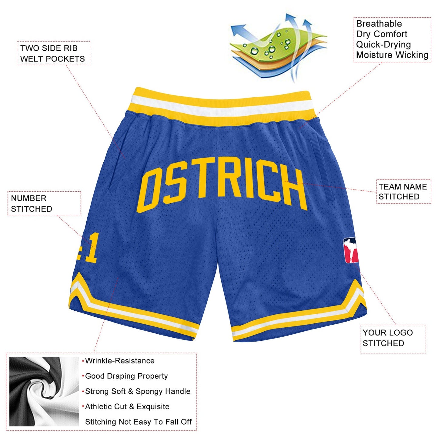 Custom Blue Gold-White Authentic Throwback Basketball Shorts view 2