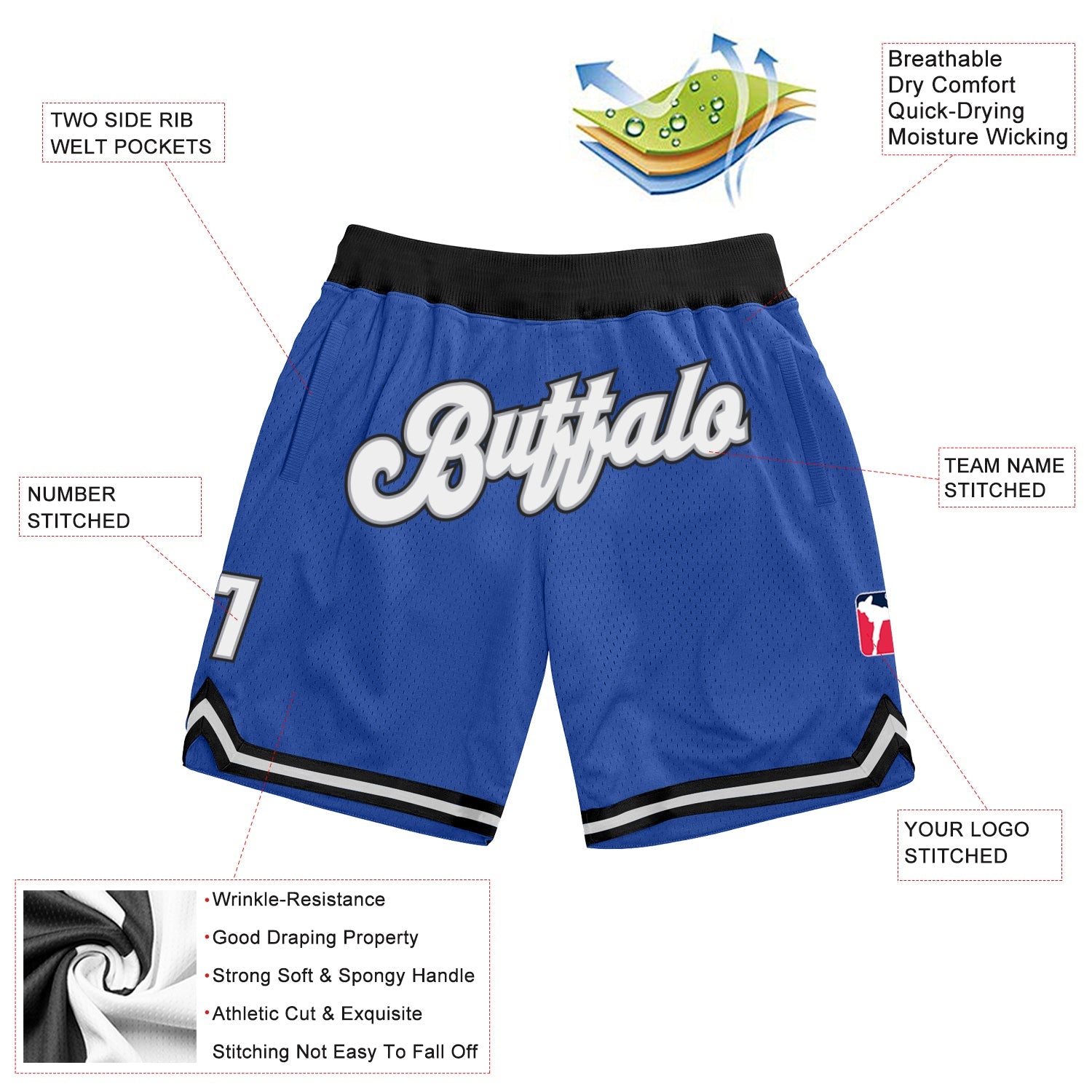 Custom Blue White-Black Authentic Throwback Basketball Shorts view 2