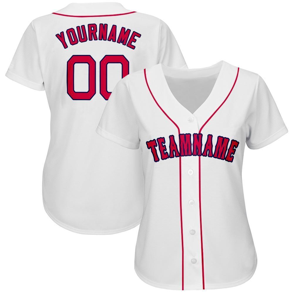 Custom White Red-Navy Baseball Jersey view 3