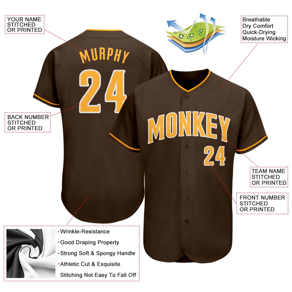 Custom Brown Gold-White Authentic Baseball Jersey view 3