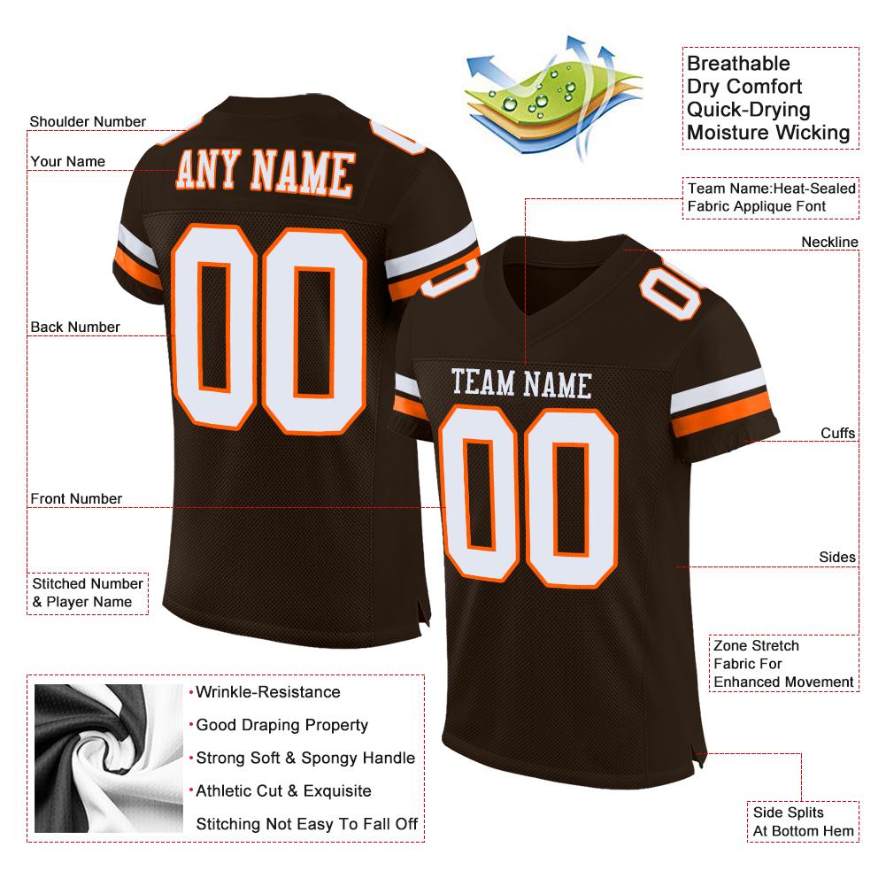 Custom Brown White-Orange Mesh Authentic Football Jersey view 5