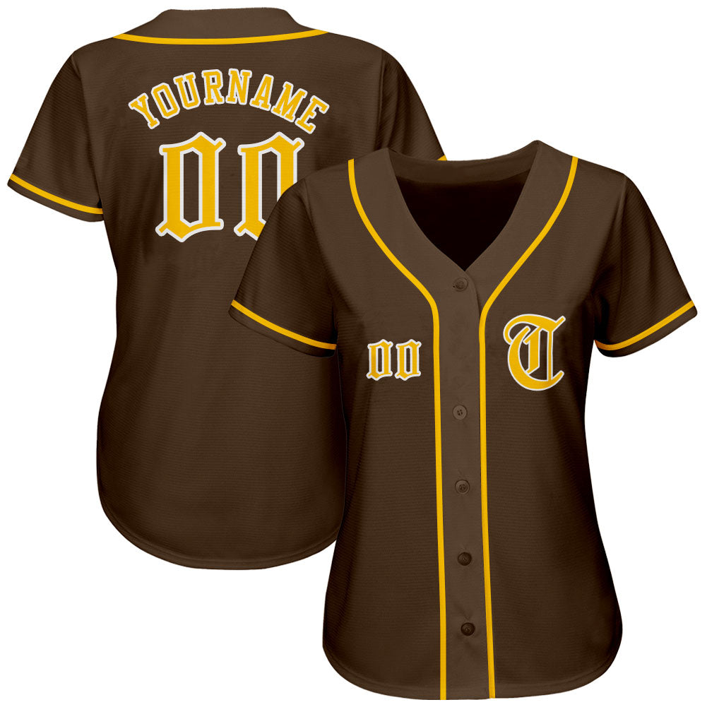 Custom Brown Gold-White Authentic Baseball Jersey view 2