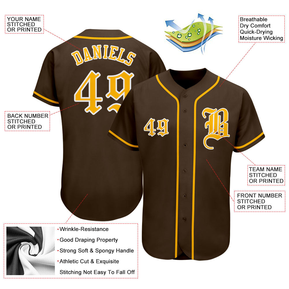 Custom Brown Gold-White Authentic Baseball Jersey view 3