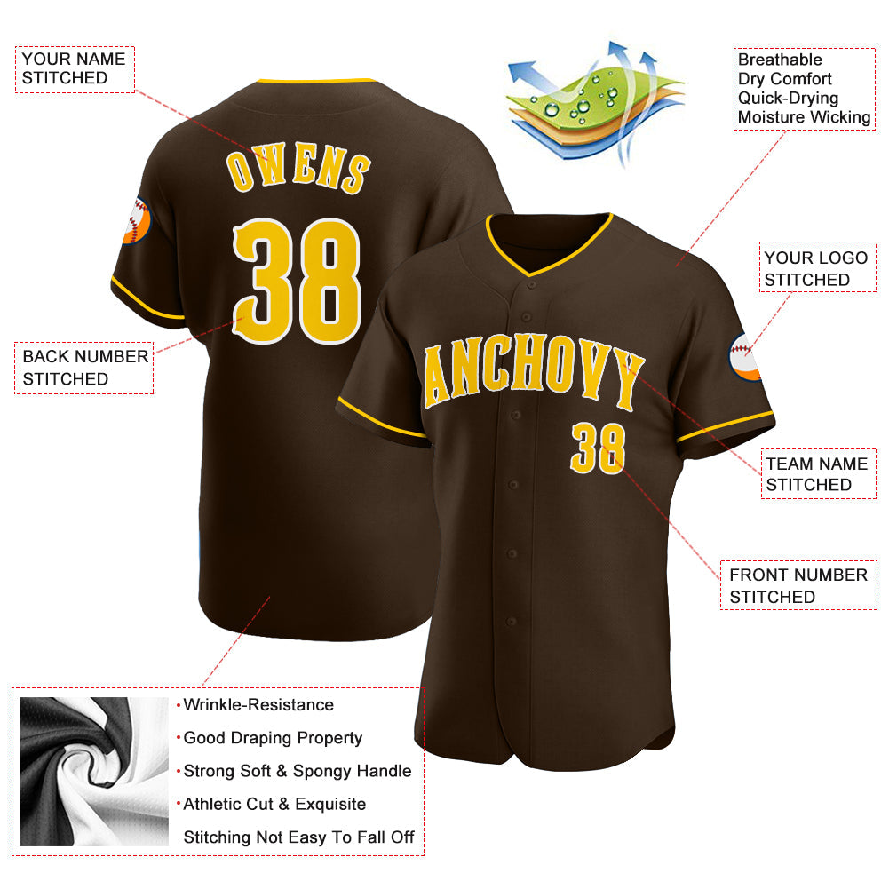 Custom Brown Gold-White Authentic Baseball Jersey view 3