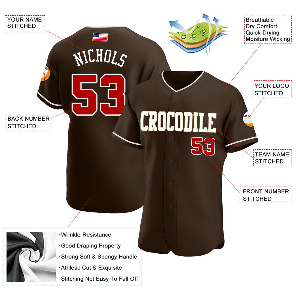 Custom Brown Red-Cream Authentic American Flag Fashion Baseball Jersey view 3