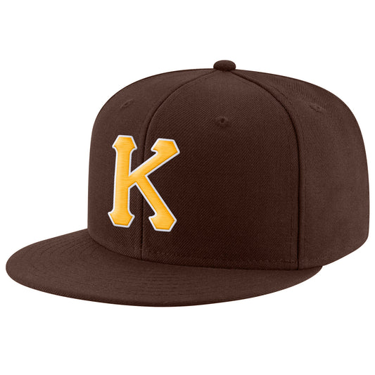 Custom Brown Gold-White Stitched Adjustable Snapback Hat - Main View