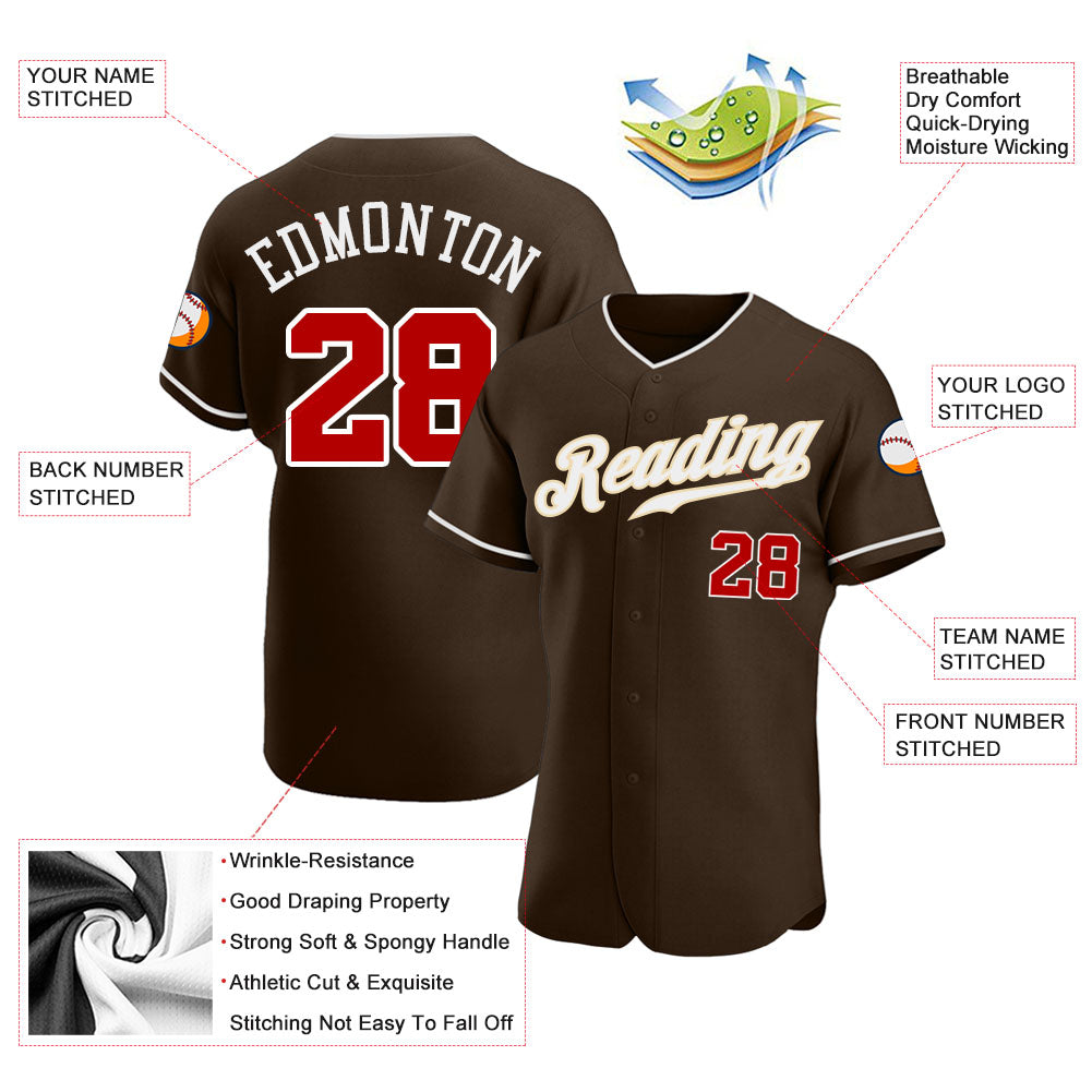 Custom Brown Red-White Authentic Baseball Jersey view 3