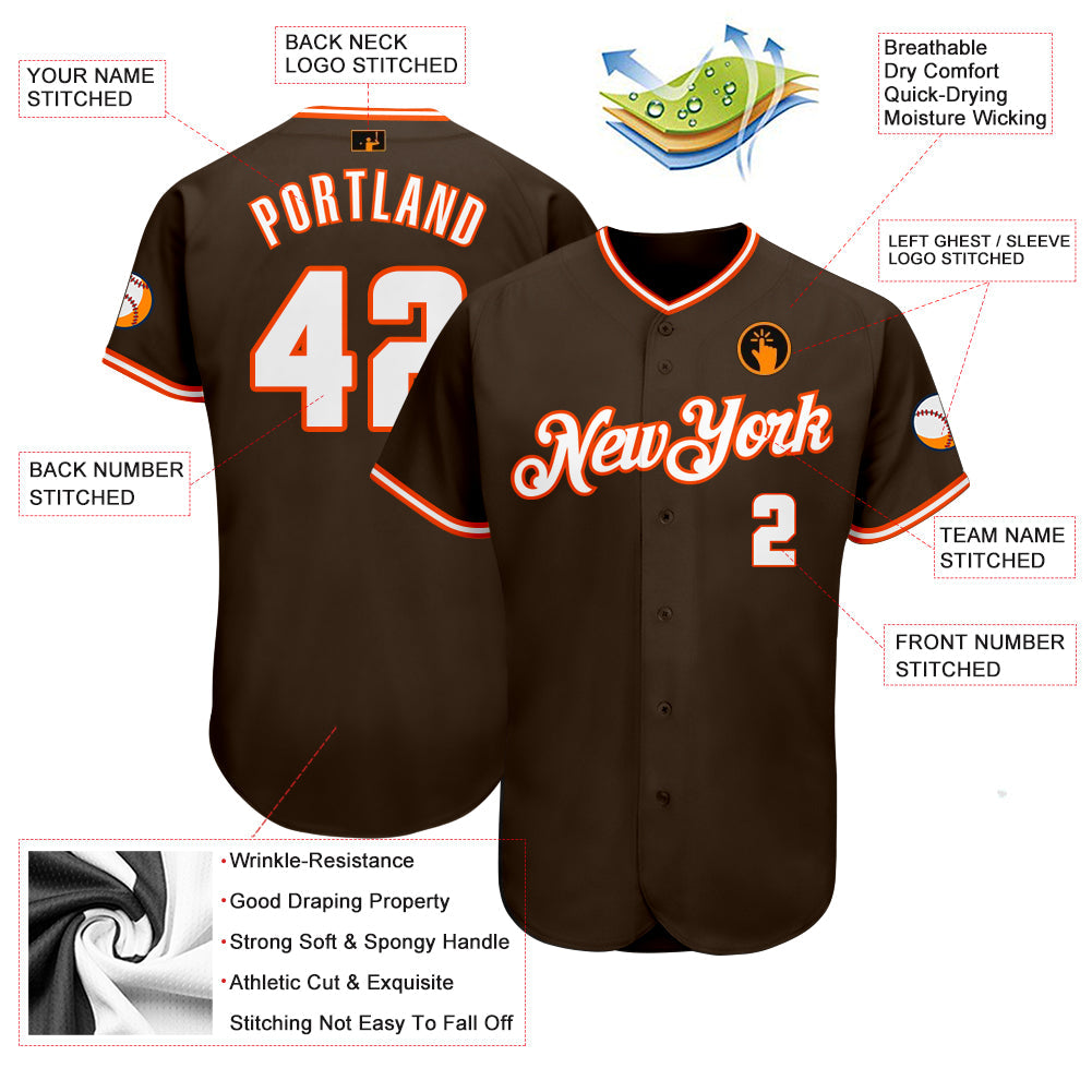 Custom Brown White-Orange Authentic Baseball Jersey view 3