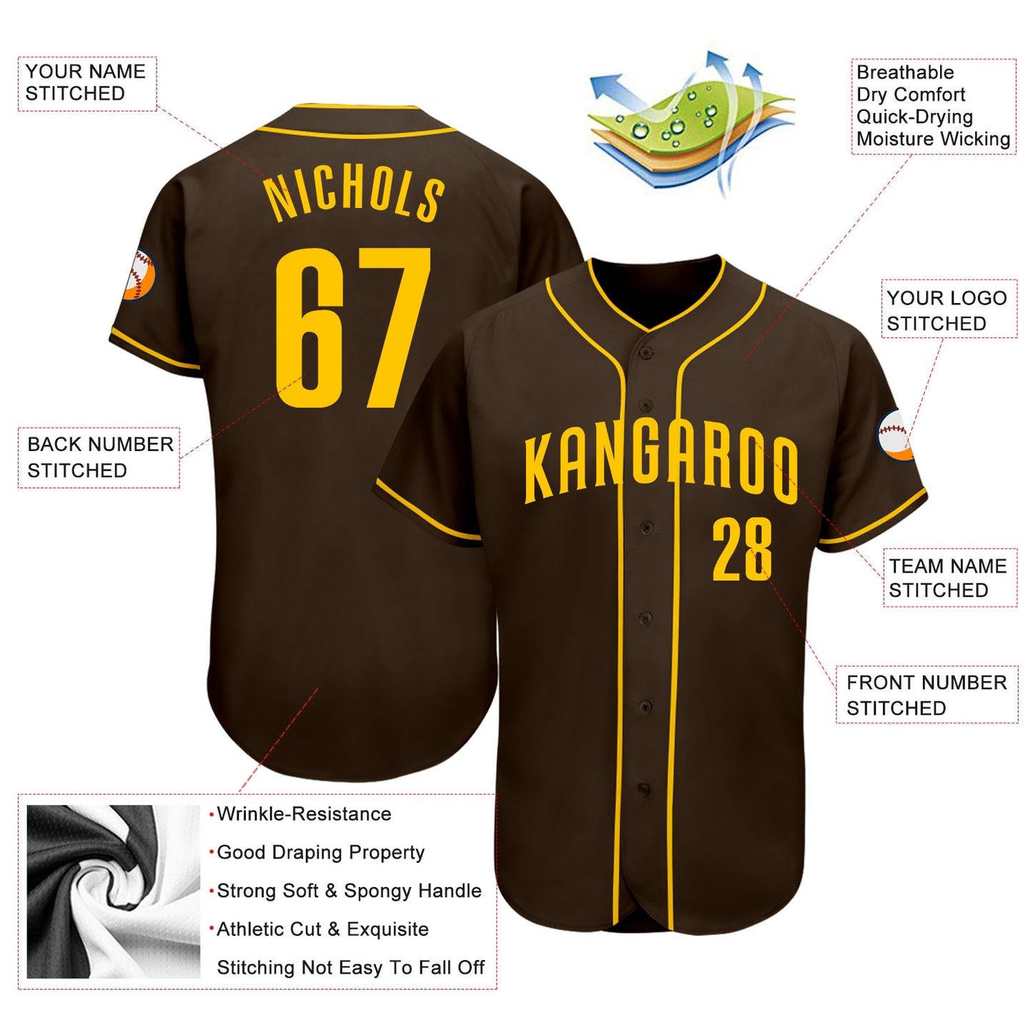 Custom Brown Gold Authentic Baseball Jersey view 3