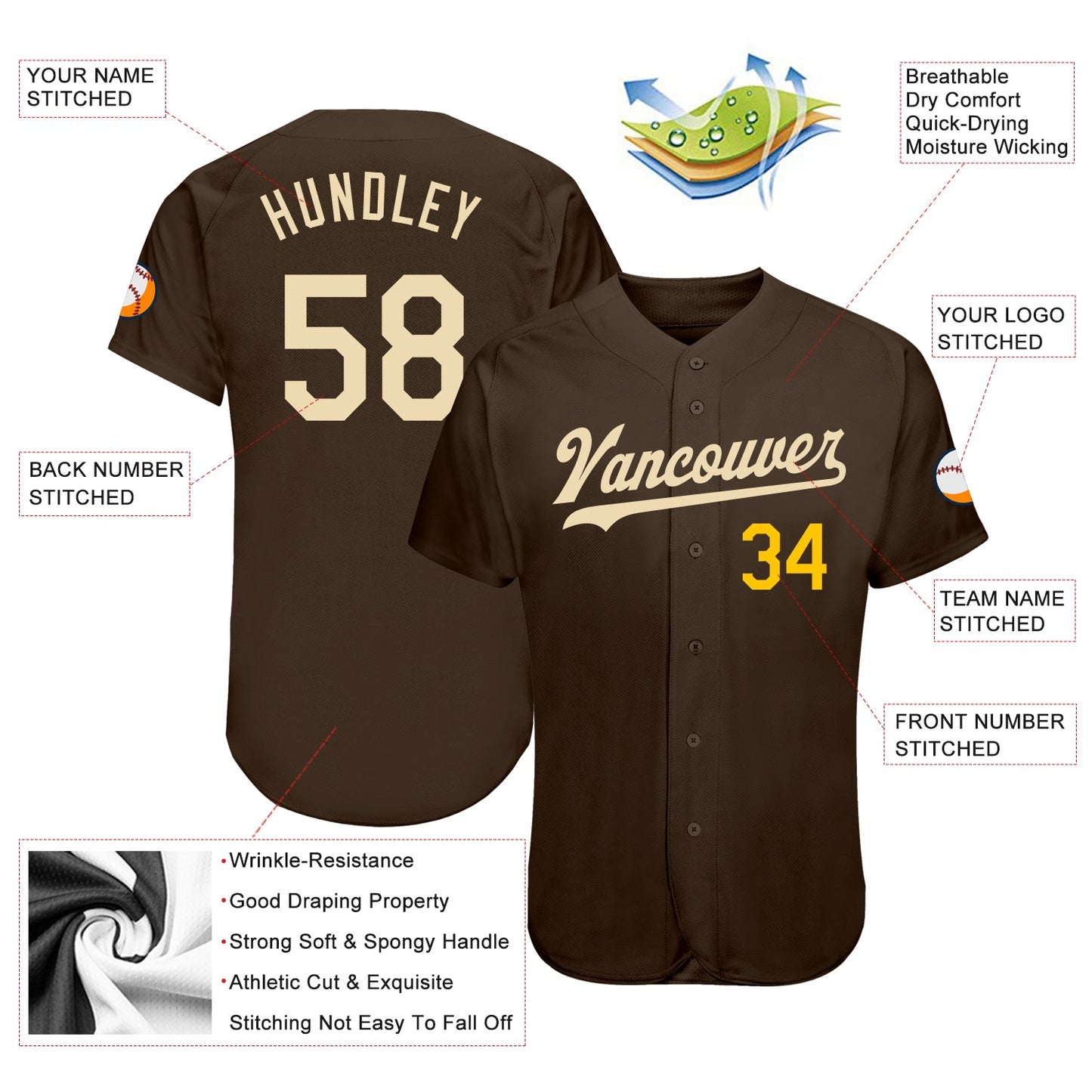 Custom Brown Cream-Gold Authentic Baseball Jersey view 3