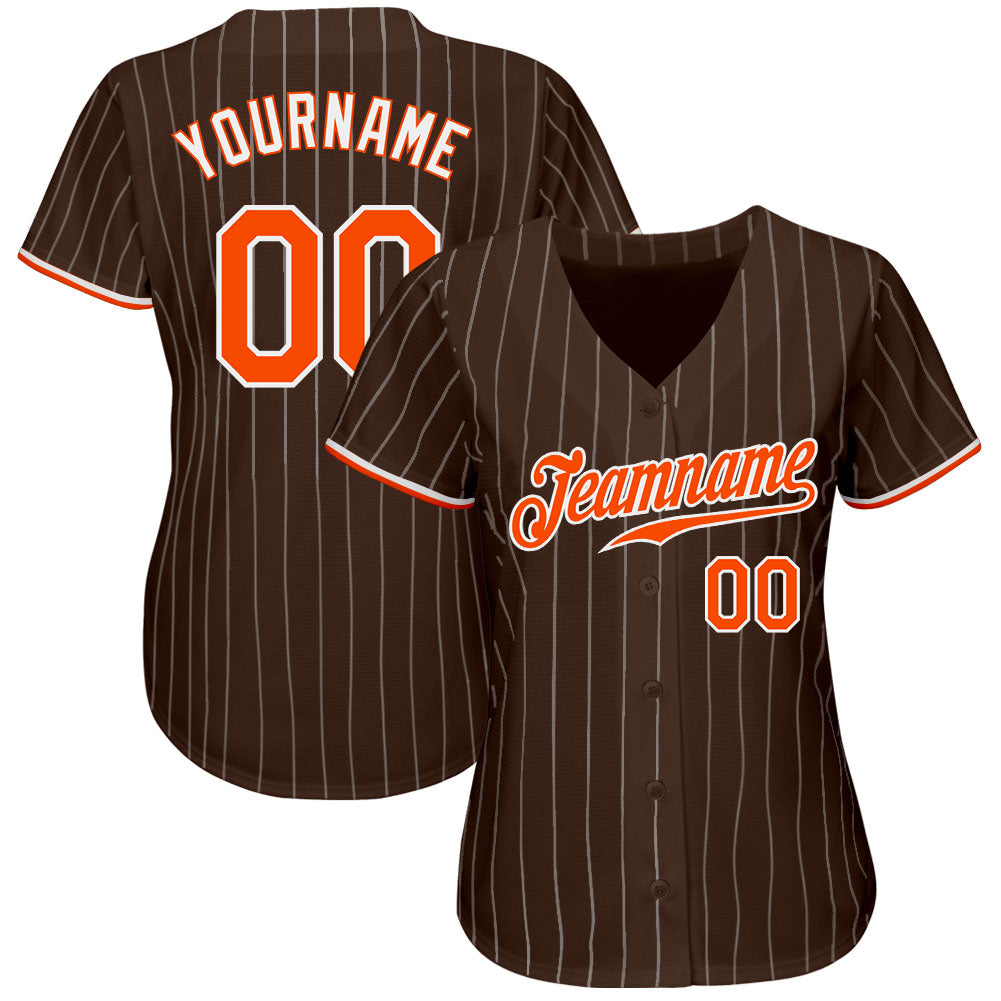 Custom Brown White Pinstripe Orange-White Authentic Baseball Jersey view 2