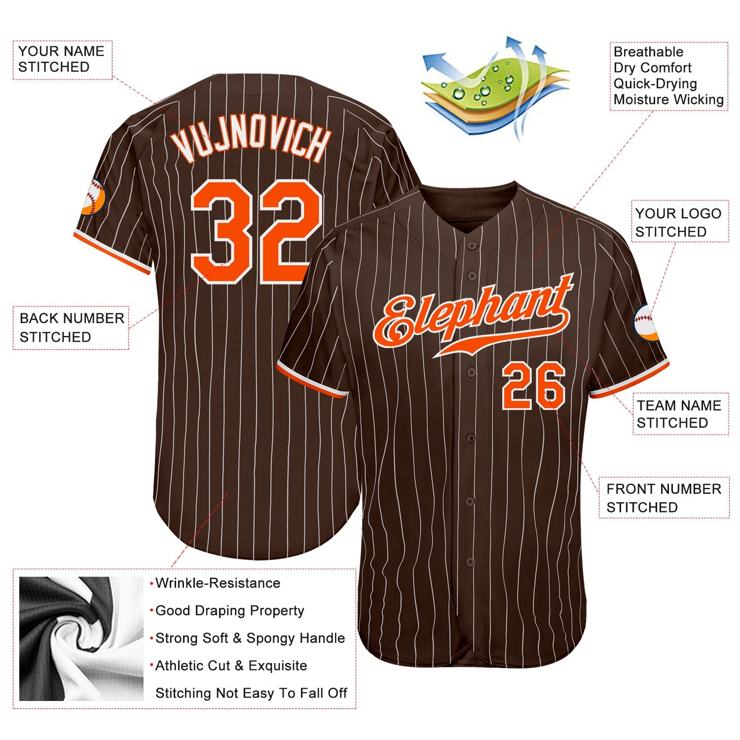 Custom Brown White Pinstripe Orange-White Authentic Baseball Jersey view 3