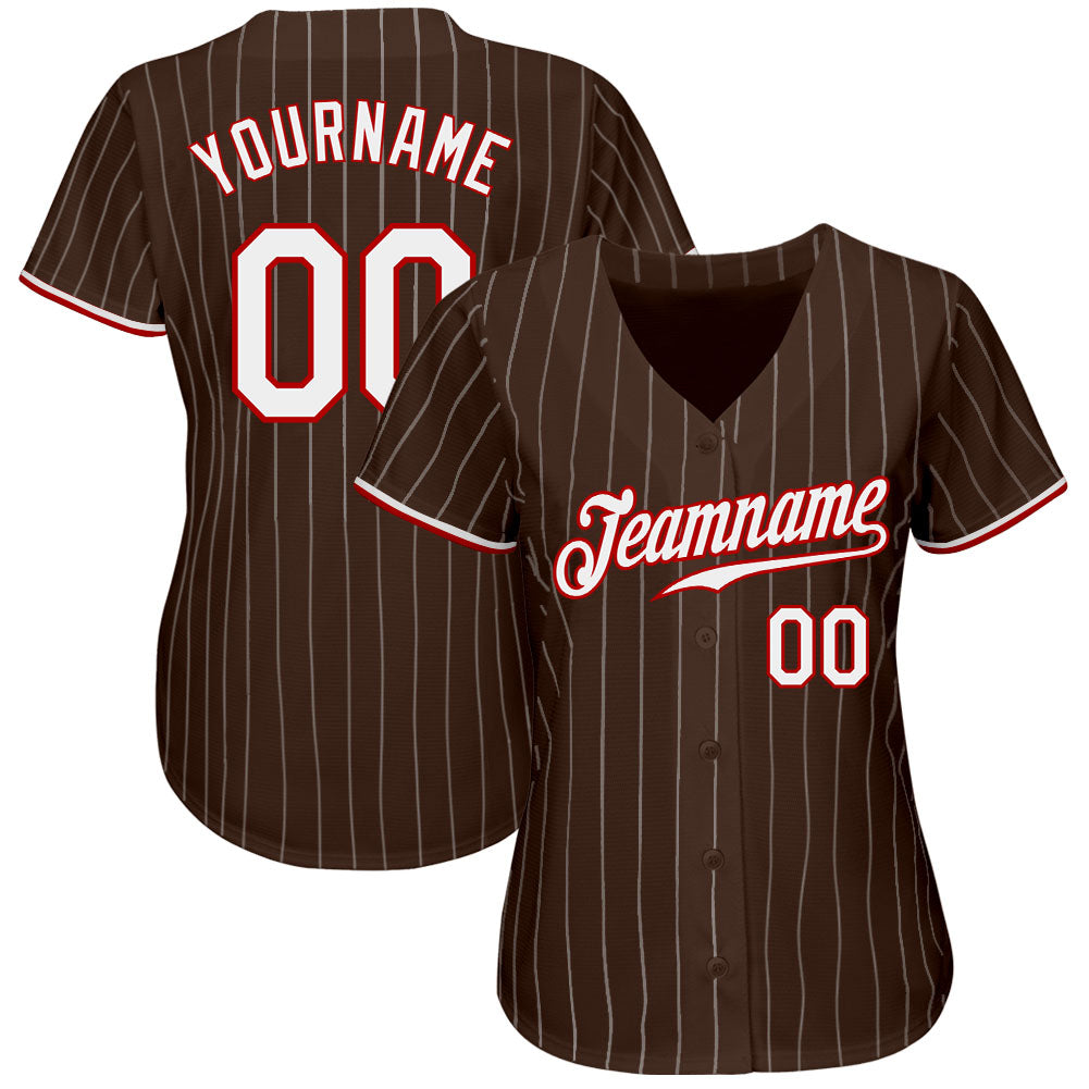 Custom Brown White Pinstripe White-Red Authentic Baseball Jersey view 2
