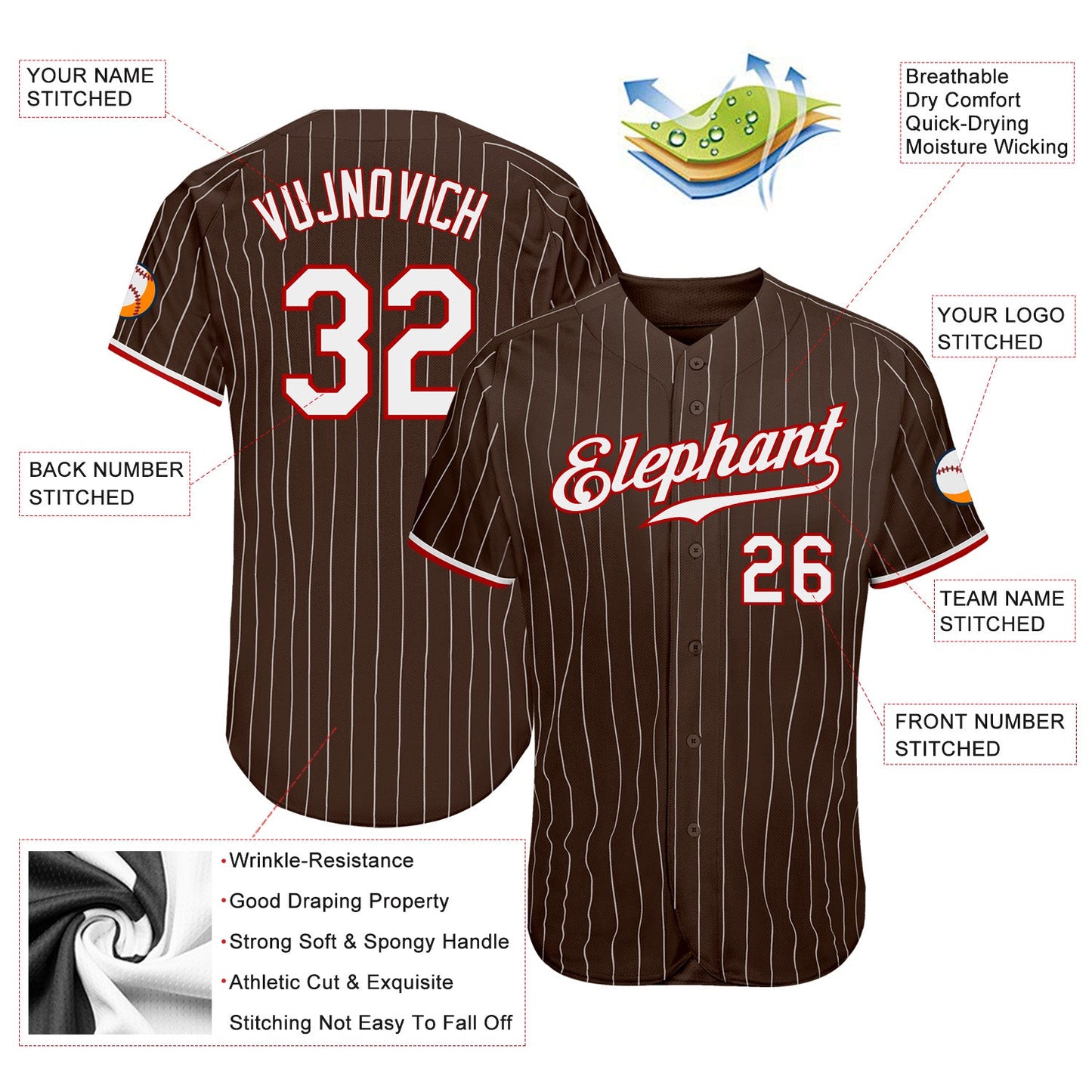 Custom Brown White Pinstripe White-Red Authentic Baseball Jersey view 3
