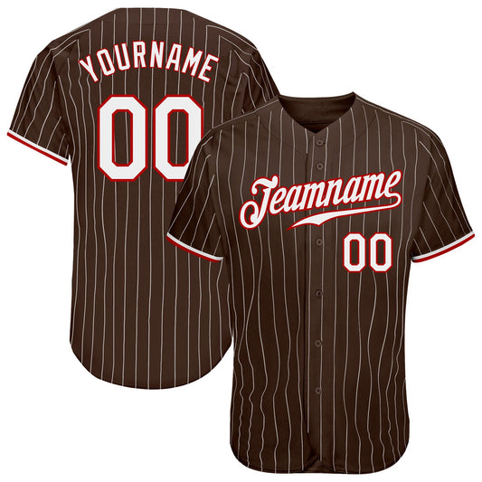 Custom Brown White Pinstripe White-Red Authentic Baseball Jersey - Main View