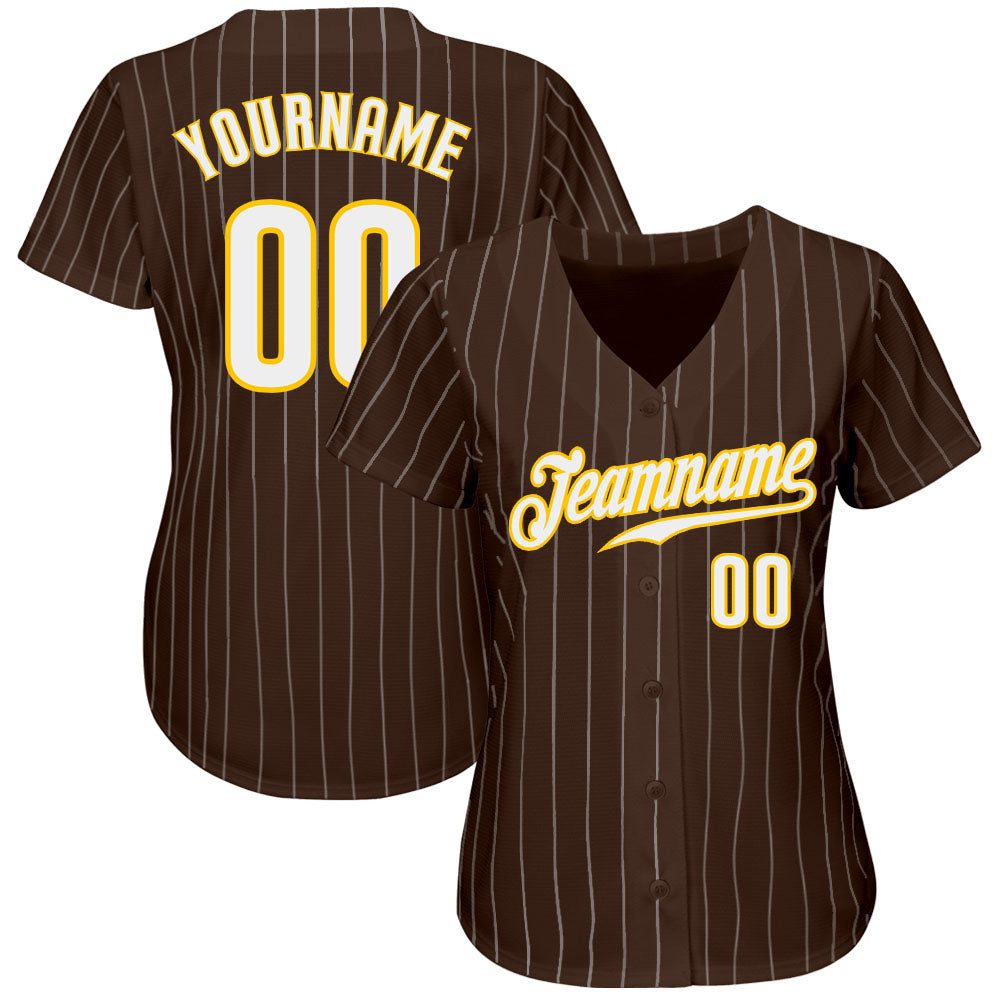 Custom Brown White Pinstripe White-Gold Authentic Baseball Jersey view 2